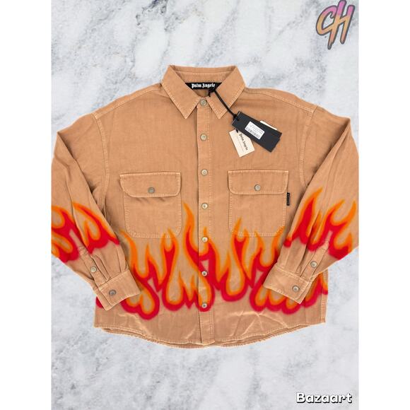 Palm Angels Burning Flames Herringbone Shirt Size Medium (MSRP: $1190)